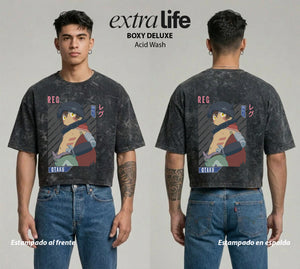 Playera streetwear premium de anime y gaming ExtraLife MX, corte boxy deluxe mineral wash heavyweight en color Acid Wash, moda urbana mexicana de culto.