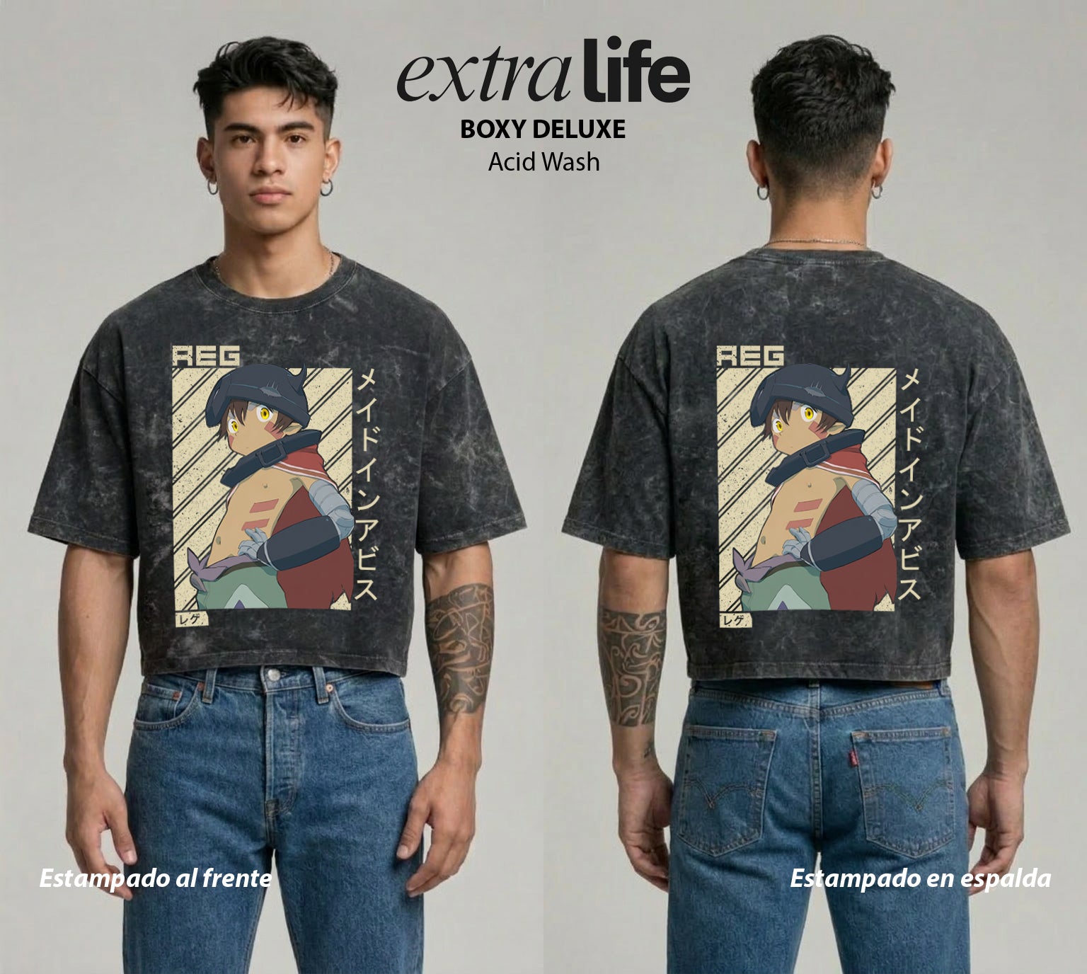 Playera streetwear premium de anime y gaming ExtraLife MX, corte boxy deluxe mineral wash heavyweight en color Acid Wash, moda urbana mexicana de culto.