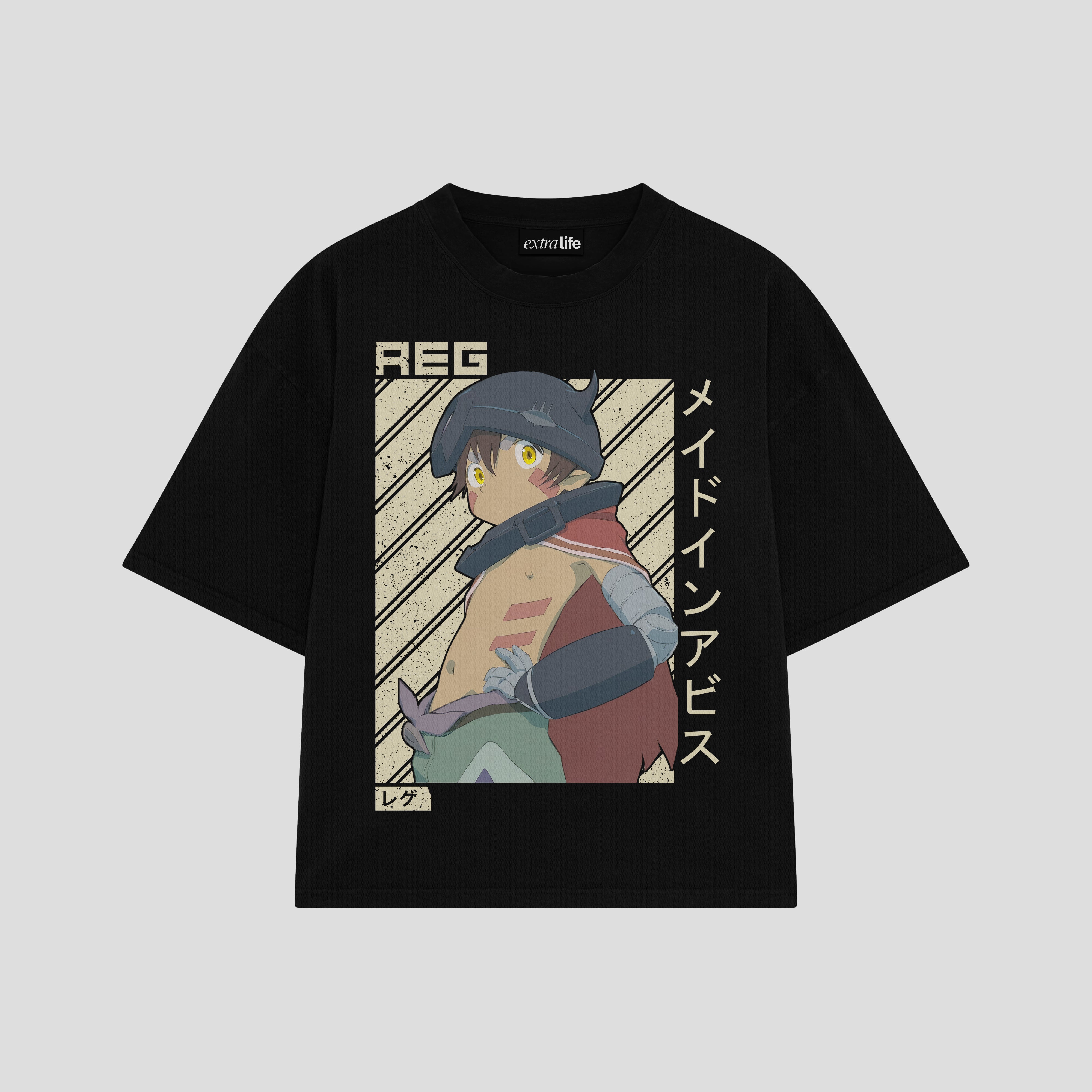 Playera streetwear premium de anime y gaming ExtraLife MX, corte boxy oversized drop shoulder heavyweight en color Deep Black y Off-White, moda urbana mexicana de culto.