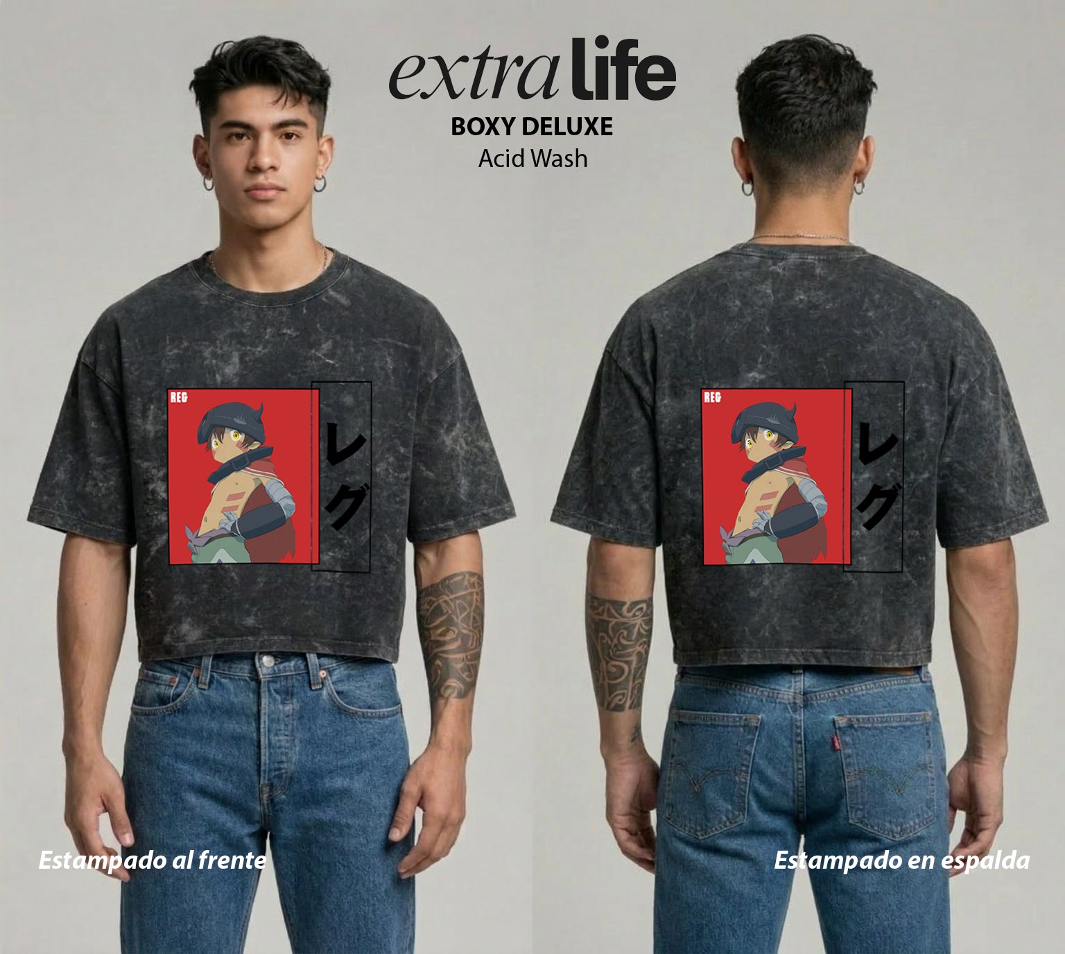 Playera streetwear premium de anime y gaming ExtraLife MX, corte boxy deluxe mineral wash heavyweight en color Acid Wash, moda urbana mexicana de culto.