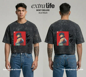 Playera streetwear premium de anime y gaming ExtraLife MX, corte boxy deluxe mineral wash heavyweight en color Acid Wash, moda urbana mexicana de culto.
