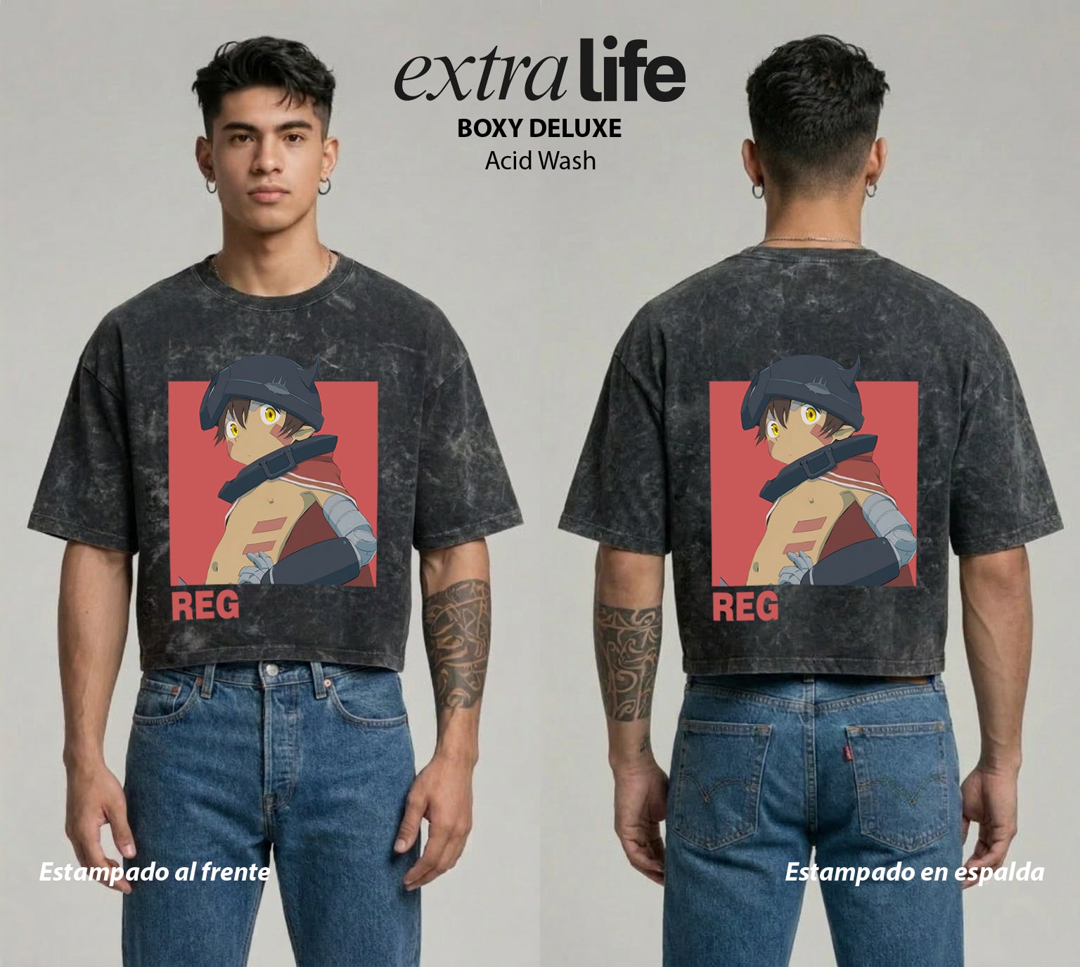 Playera streetwear premium de anime y gaming ExtraLife MX, corte boxy deluxe mineral wash heavyweight en color Acid Wash, moda urbana mexicana de culto.
