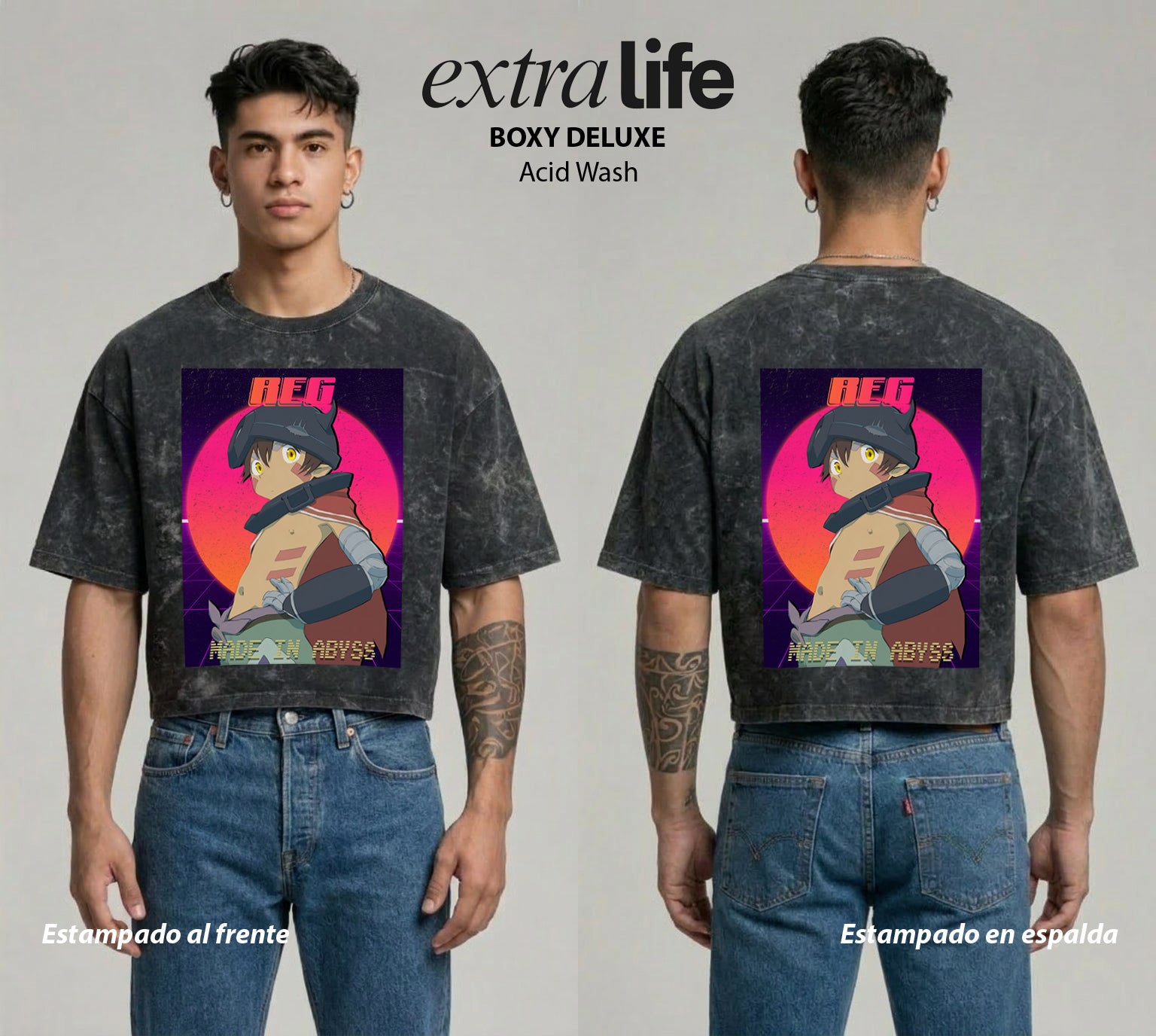 Playera streetwear premium de anime y gaming ExtraLife MX, corte boxy deluxe mineral wash heavyweight en color Acid Wash, moda urbana mexicana de culto.