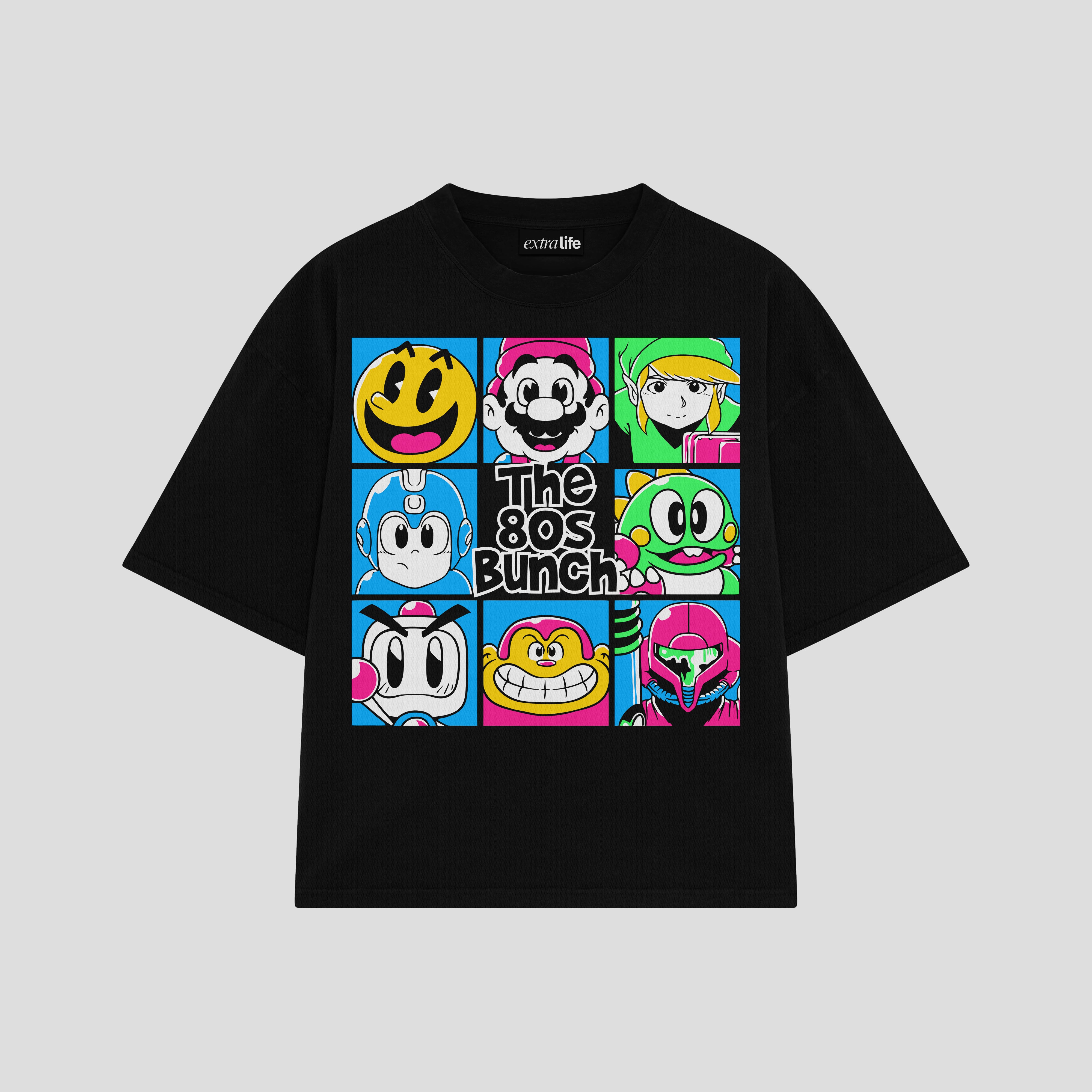 Playera streetwear premium de anime y gaming ExtraLife MX, corte boxy oversized drop shoulder heavyweight en color Deep Black y Off-White, moda urbana mexicana de culto.