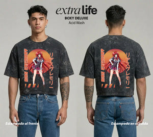 Playera streetwear premium de anime y gaming ExtraLife MX, corte boxy deluxe mineral wash heavyweight en color Acid Wash, moda urbana mexicana de culto.