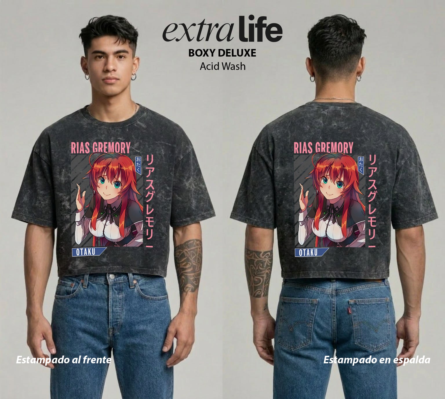 Playera streetwear premium de anime y gaming ExtraLife MX, corte boxy deluxe mineral wash heavyweight en color Acid Wash, moda urbana mexicana de culto.
