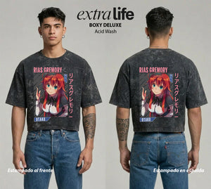 Playera streetwear premium de anime y gaming ExtraLife MX, corte boxy deluxe mineral wash heavyweight en color Acid Wash, moda urbana mexicana de culto.