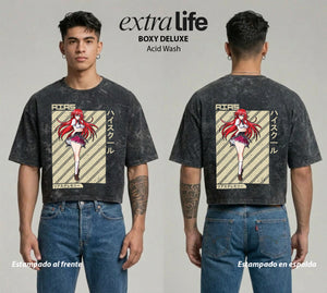 Playera streetwear premium de anime y gaming ExtraLife MX, corte boxy deluxe mineral wash heavyweight en color Acid Wash, moda urbana mexicana de culto.