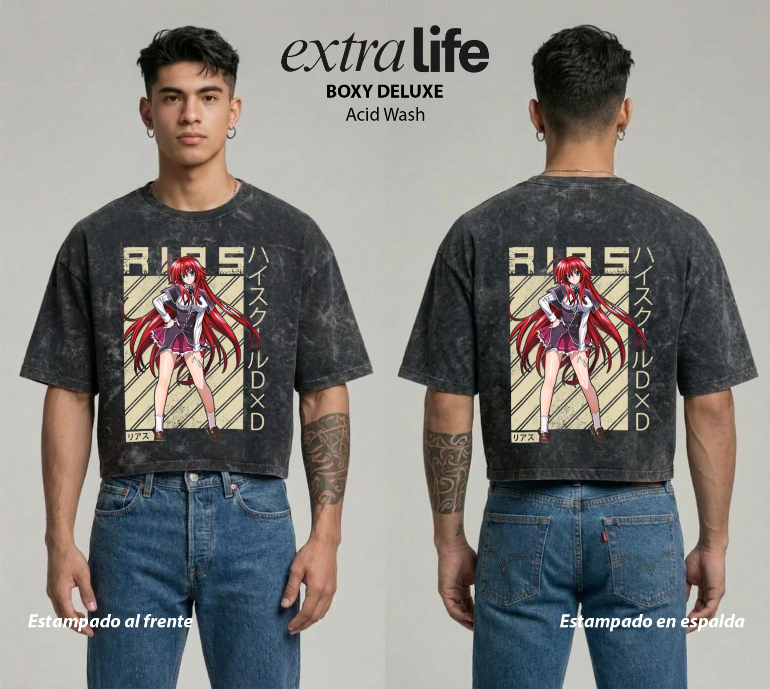 Playera streetwear premium de anime y gaming ExtraLife MX, corte boxy deluxe mineral wash heavyweight en color Acid Wash, moda urbana mexicana de culto.