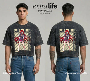 Playera streetwear premium de anime y gaming ExtraLife MX, corte boxy deluxe mineral wash heavyweight en color Acid Wash, moda urbana mexicana de culto.