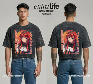 Playera streetwear premium de anime y gaming ExtraLife MX, corte boxy deluxe mineral wash heavyweight en color Acid Wash, moda urbana mexicana de culto.
