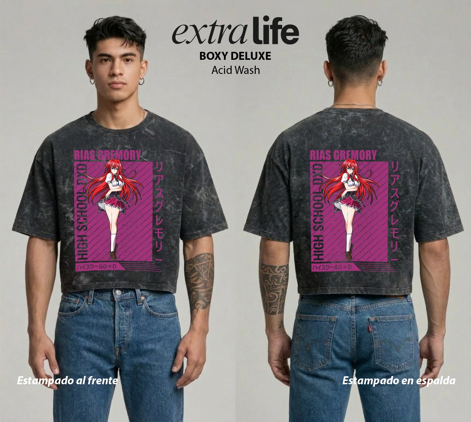 Playera streetwear premium de anime y gaming ExtraLife MX, corte boxy deluxe mineral wash heavyweight en color Acid Wash, moda urbana mexicana de culto.