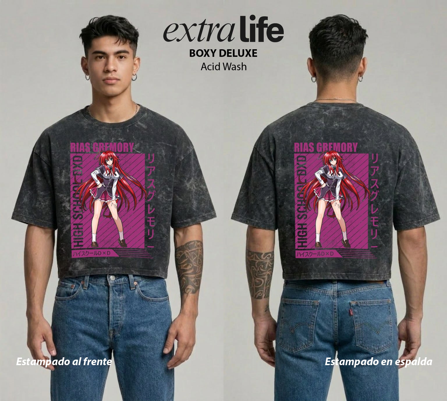 Playera streetwear premium de anime y gaming ExtraLife MX, corte boxy deluxe mineral wash heavyweight en color Acid Wash, moda urbana mexicana de culto.