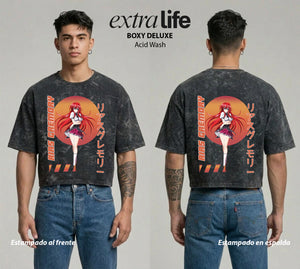 Playera streetwear premium de anime y gaming ExtraLife MX, corte boxy deluxe mineral wash heavyweight en color Acid Wash, moda urbana mexicana de culto.