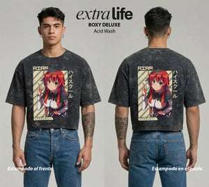 Playera streetwear premium de anime y gaming ExtraLife MX, corte boxy deluxe mineral wash heavyweight en color Acid Wash, moda urbana mexicana de culto.