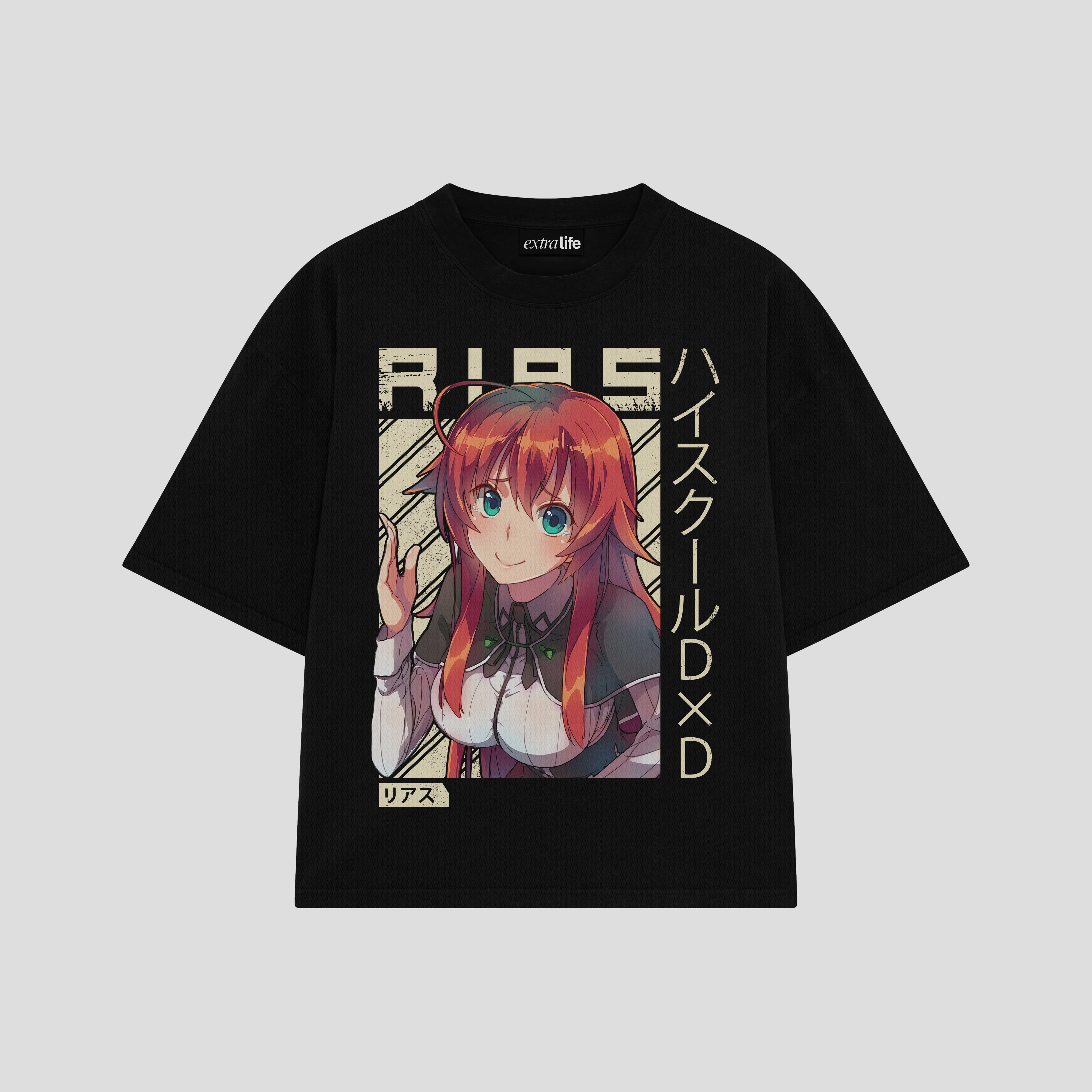 Playera streetwear premium de anime y gaming ExtraLife MX, corte boxy oversized drop shoulder heavyweight en color Deep Black y Off-White, moda urbana mexicana de culto.