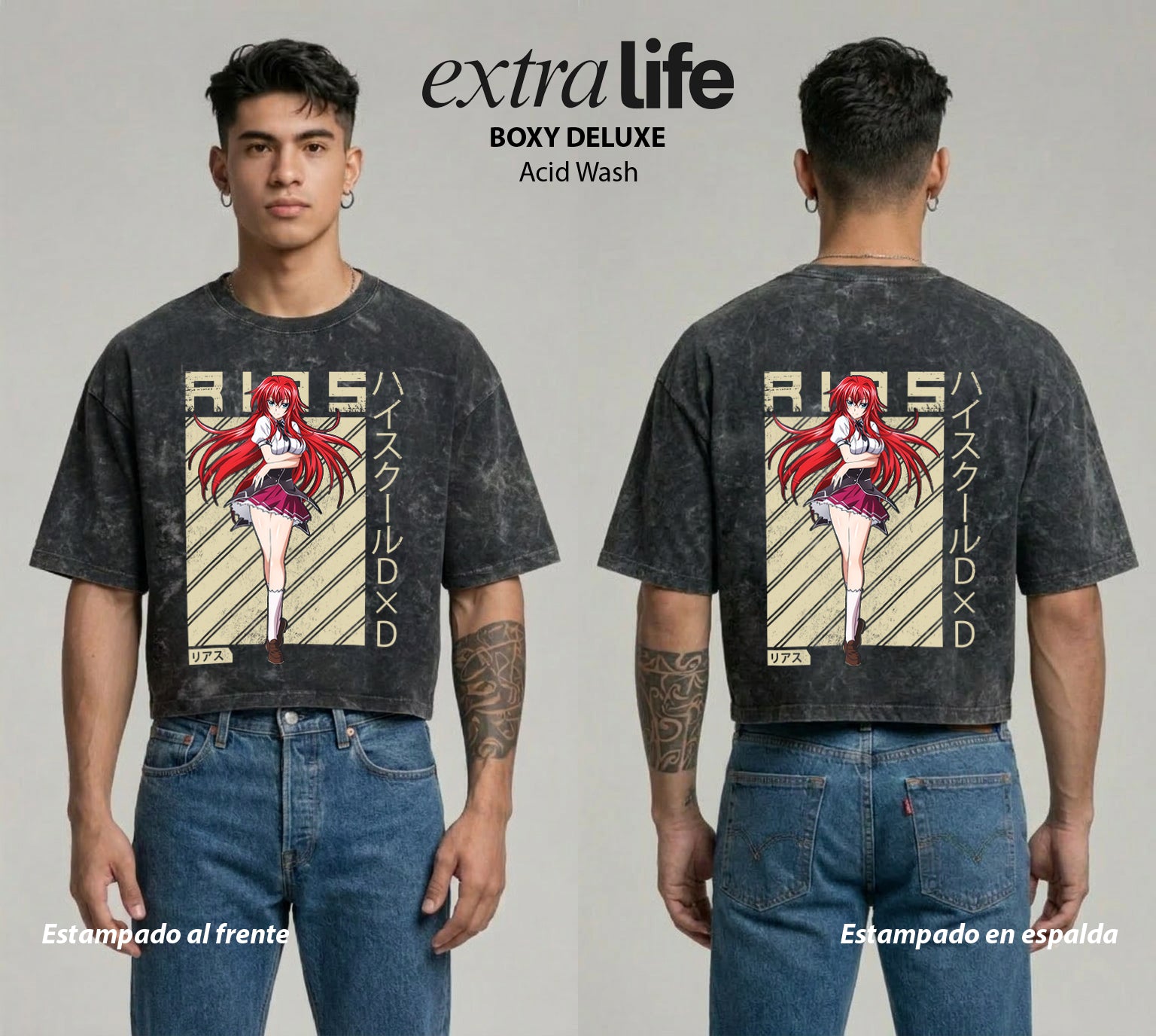 Playera streetwear premium de anime y gaming ExtraLife MX, corte boxy deluxe mineral wash heavyweight en color Acid Wash, moda urbana mexicana de culto.