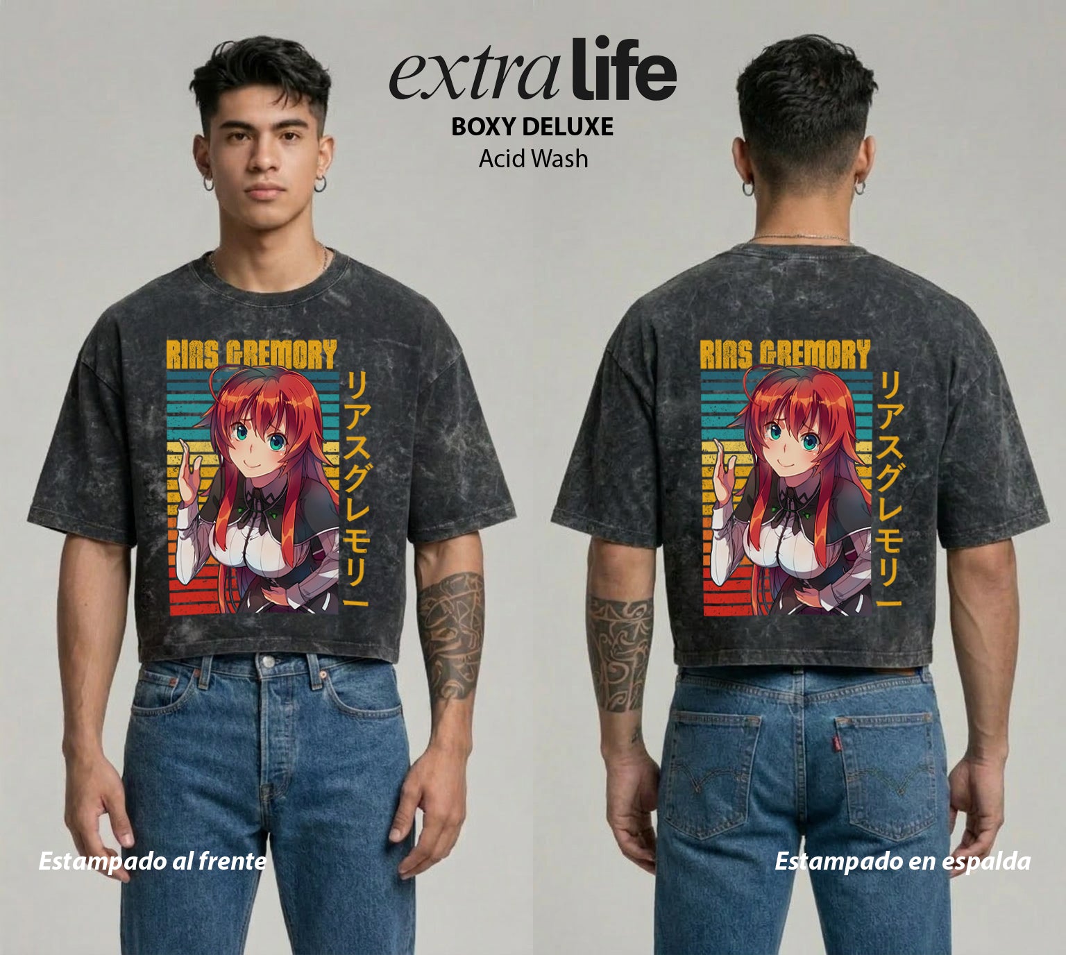 Playera streetwear premium de anime y gaming ExtraLife MX, corte boxy deluxe mineral wash heavyweight en color Acid Wash, moda urbana mexicana de culto.