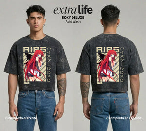 Playera streetwear premium de anime y gaming ExtraLife MX, corte boxy deluxe mineral wash heavyweight en color Acid Wash, moda urbana mexicana de culto.