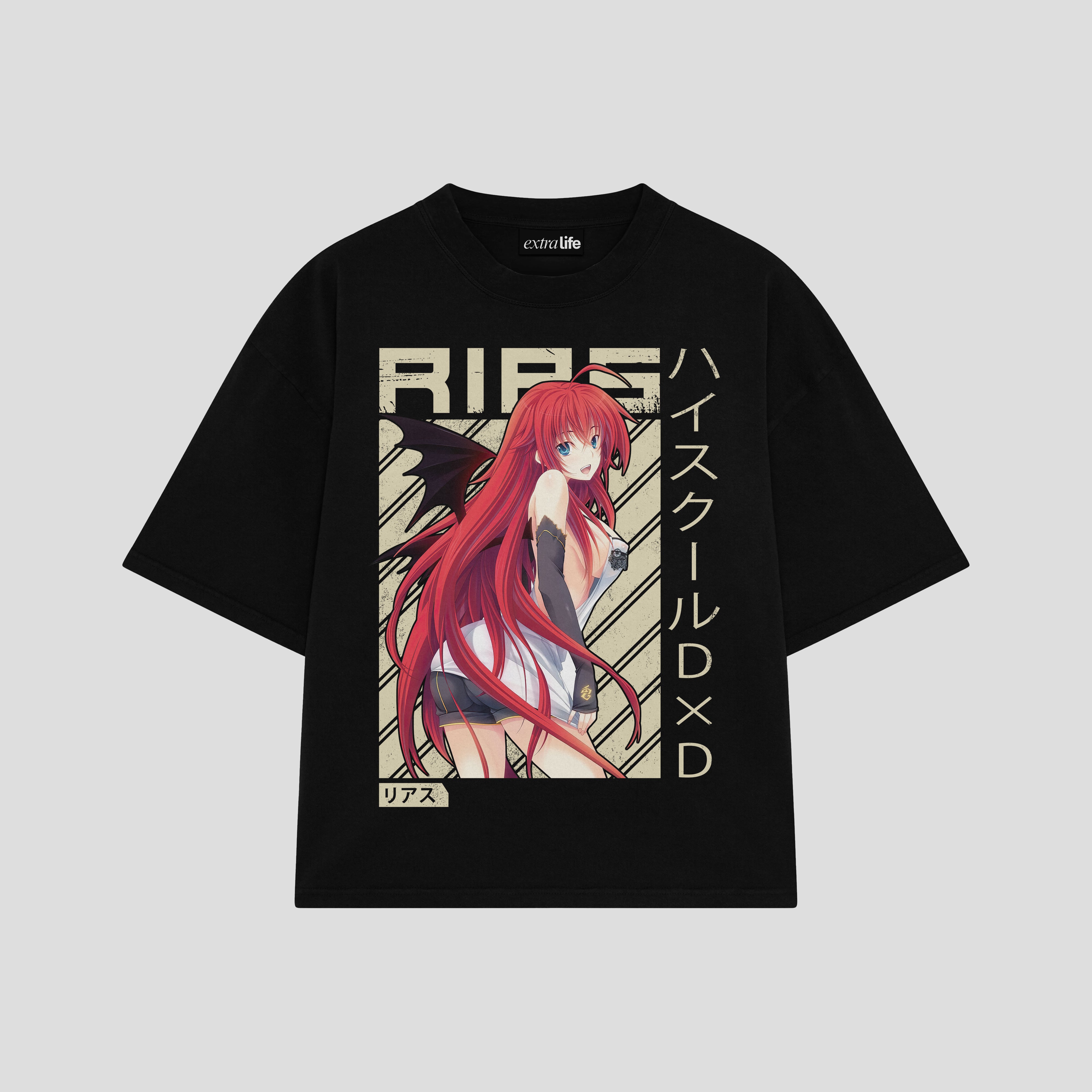 Playera streetwear premium de anime y gaming ExtraLife MX, corte boxy oversized drop shoulder heavyweight en color Deep Black y Off-White, moda urbana mexicana de culto.