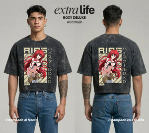 Playera streetwear premium de anime y gaming ExtraLife MX, corte boxy deluxe mineral wash heavyweight en color Acid Wash, moda urbana mexicana de culto.
