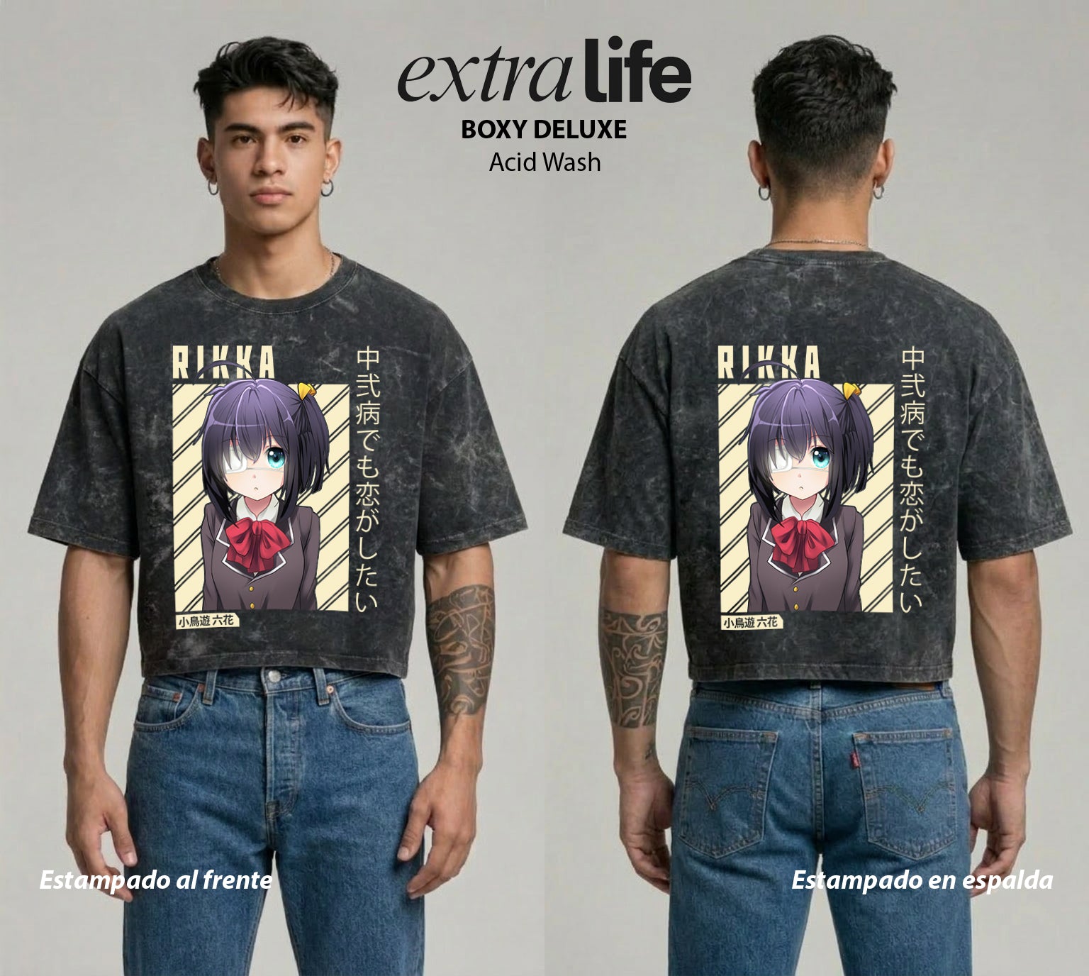 Playera streetwear premium de anime y gaming ExtraLife MX, corte boxy deluxe mineral wash heavyweight en color Acid Wash, moda urbana mexicana de culto.