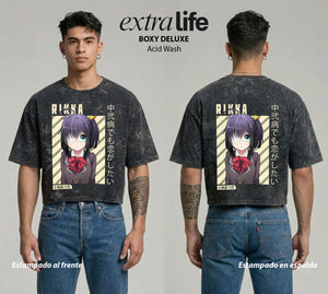 Playera streetwear premium de anime y gaming ExtraLife MX, corte boxy deluxe mineral wash heavyweight en color Acid Wash, moda urbana mexicana de culto.