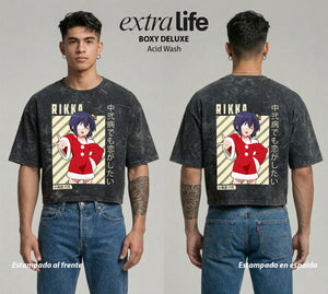 Playera streetwear premium de anime y gaming ExtraLife MX, corte boxy deluxe mineral wash heavyweight en color Acid Wash, moda urbana mexicana de culto.