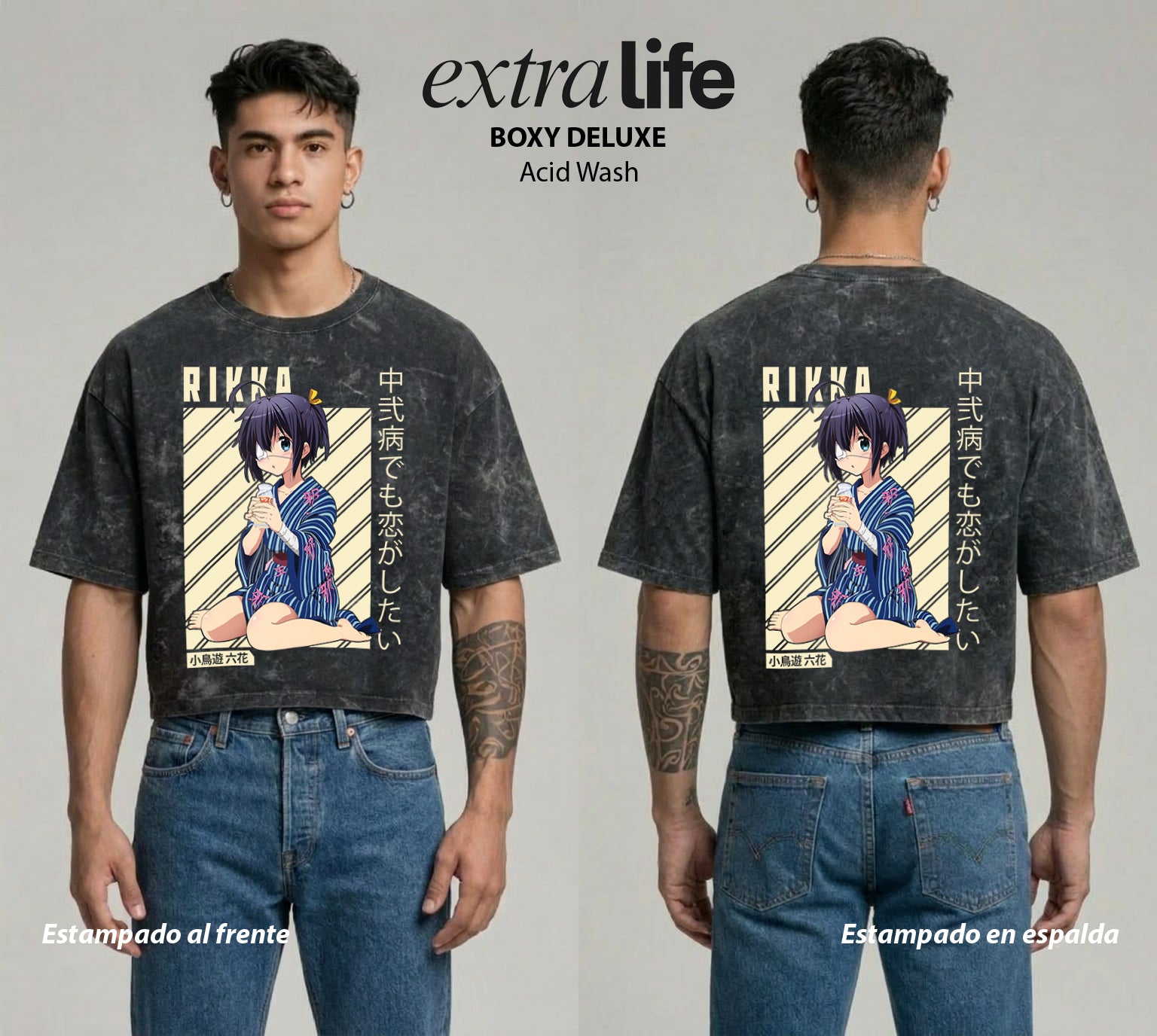 Playera streetwear premium de anime y gaming ExtraLife MX, corte boxy deluxe mineral wash heavyweight en color Acid Wash, moda urbana mexicana de culto.