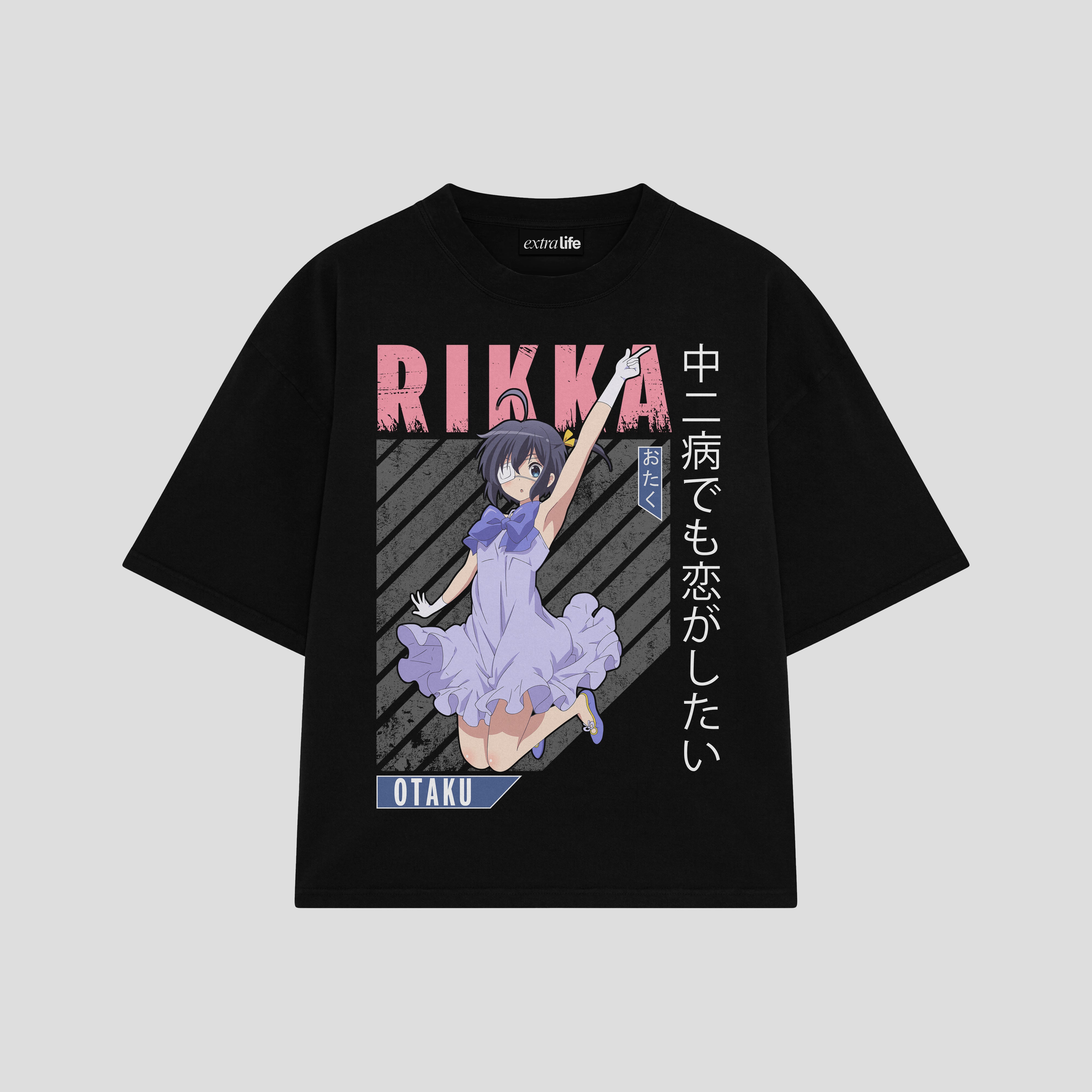 Playera streetwear premium de anime y gaming ExtraLife MX, corte boxy oversized drop shoulder heavyweight en color Deep Black y Off-White, moda urbana mexicana de culto.