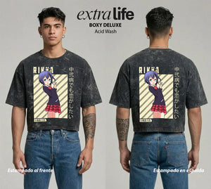 Playera streetwear premium de anime y gaming ExtraLife MX, corte boxy deluxe mineral wash heavyweight en color Acid Wash, moda urbana mexicana de culto.