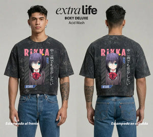 Playera streetwear premium de anime y gaming ExtraLife MX, corte boxy deluxe mineral wash heavyweight en color Acid Wash, moda urbana mexicana de culto.