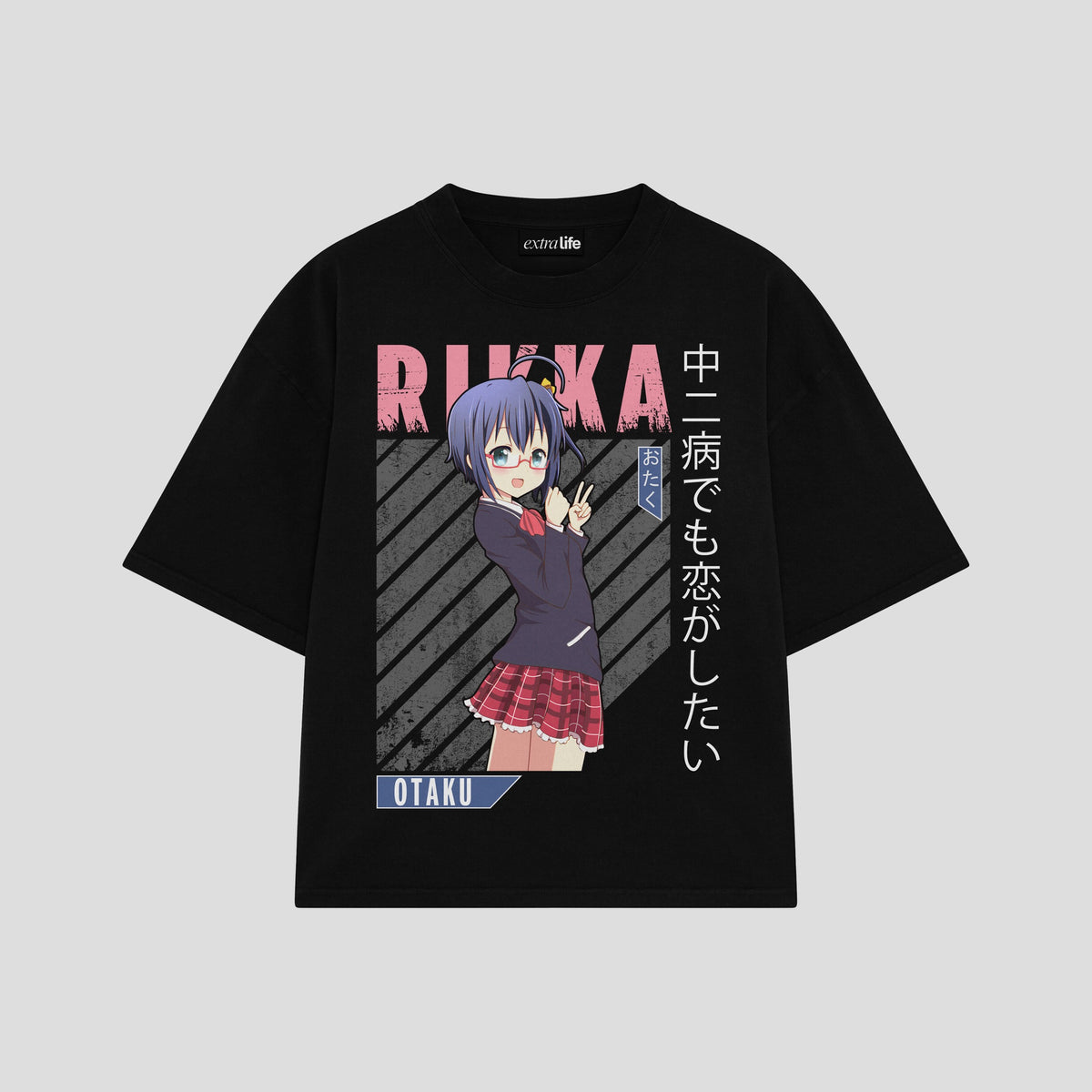 Playera streetwear premium de anime y gaming ExtraLife MX, corte oversized drop shoulder ligero y fresco en color Deep Black y Off-White, moda urbana mexicana de culto.