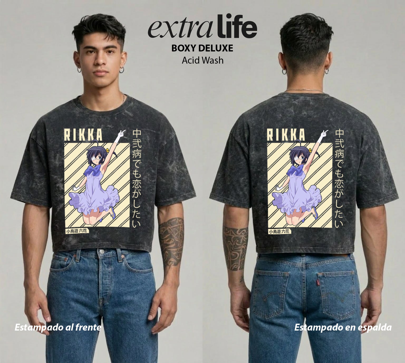 Playera streetwear premium de anime y gaming ExtraLife MX, corte boxy deluxe mineral wash heavyweight en color Acid Wash, moda urbana mexicana de culto.