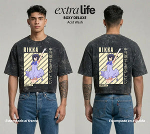 Playera streetwear premium de anime y gaming ExtraLife MX, corte boxy deluxe mineral wash heavyweight en color Acid Wash, moda urbana mexicana de culto.