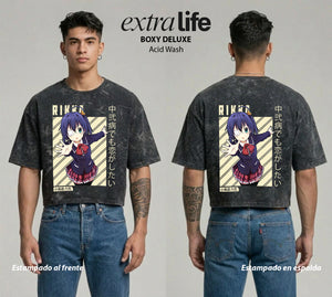 Playera streetwear premium de anime y gaming ExtraLife MX, corte boxy deluxe mineral wash heavyweight en color Acid Wash, moda urbana mexicana de culto.