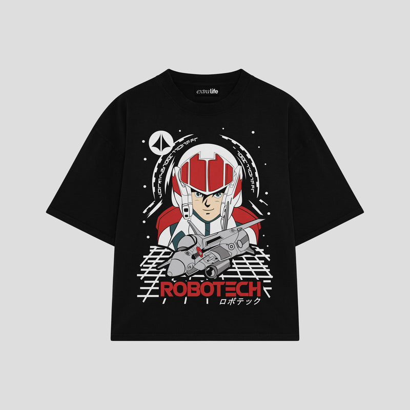 Playera streetwear premium de anime y gaming ExtraLife MX, corte boxy oversized drop shoulder heavyweight en color Deep Black y Off-White, moda urbana mexicana de culto.