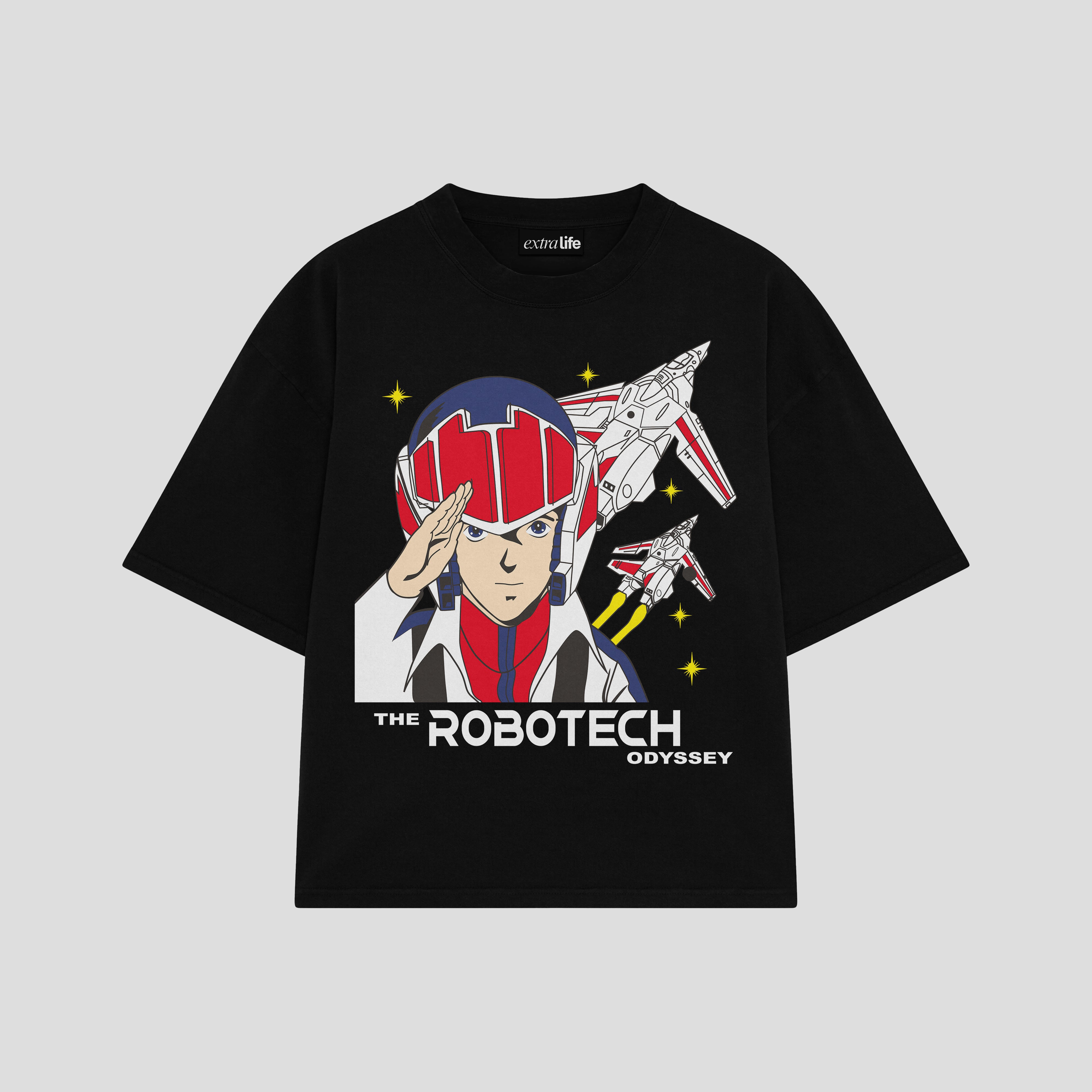 Playera streetwear premium de anime y gaming ExtraLife MX, corte boxy oversized drop shoulder heavyweight en color Deep Black y Off-White, moda urbana mexicana de culto.