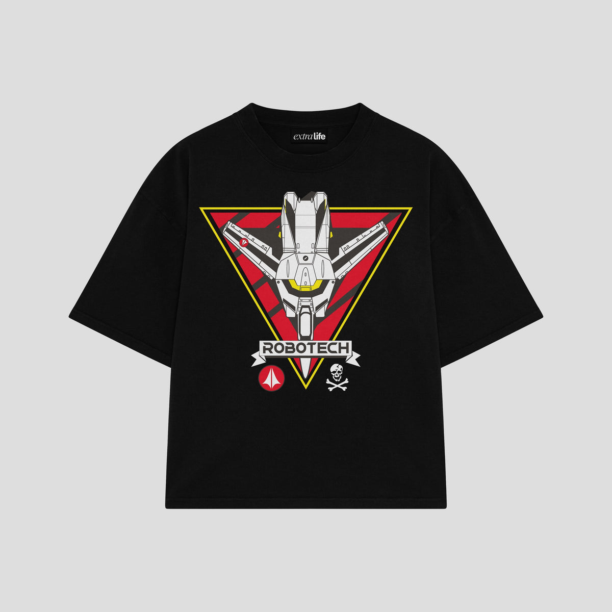 Playera streetwear premium de anime y gaming ExtraLife MX, corte oversized drop shoulder ligero y fresco en color Deep Black y Off-White, moda urbana mexicana de culto.