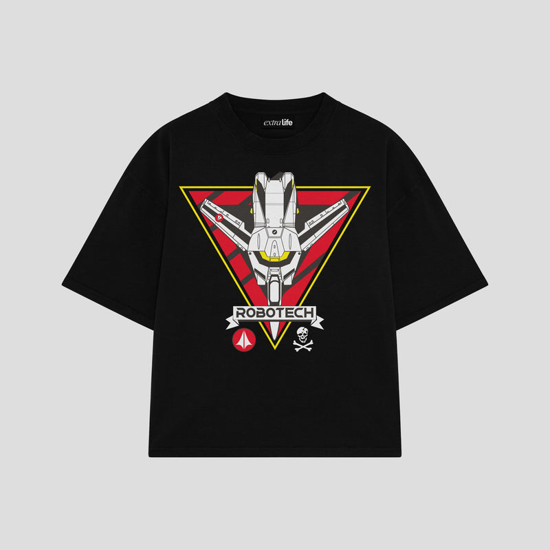 Playera streetwear premium de anime y gaming ExtraLife MX, corte boxy oversized drop shoulder heavyweight en color Deep Black y Off-White, moda urbana mexicana de culto.
