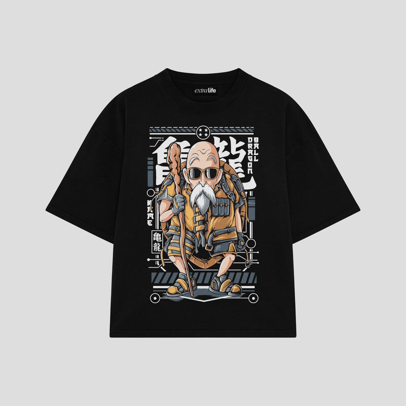 Playera streetwear premium de anime y gaming ExtraLife MX, corte boxy oversized drop shoulder heavyweight en color Deep Black y Off-White, moda urbana mexicana de culto.