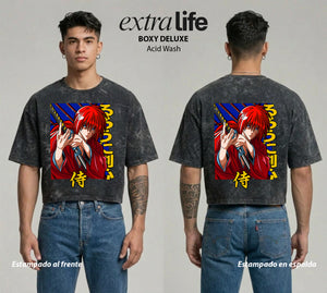 Playera streetwear premium de anime y gaming ExtraLife MX, corte boxy deluxe mineral wash heavyweight en color Acid Wash, moda urbana mexicana de culto.