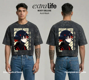 Playera streetwear premium de anime y gaming ExtraLife MX, corte boxy deluxe mineral wash heavyweight en color Acid Wash, moda urbana mexicana de culto.