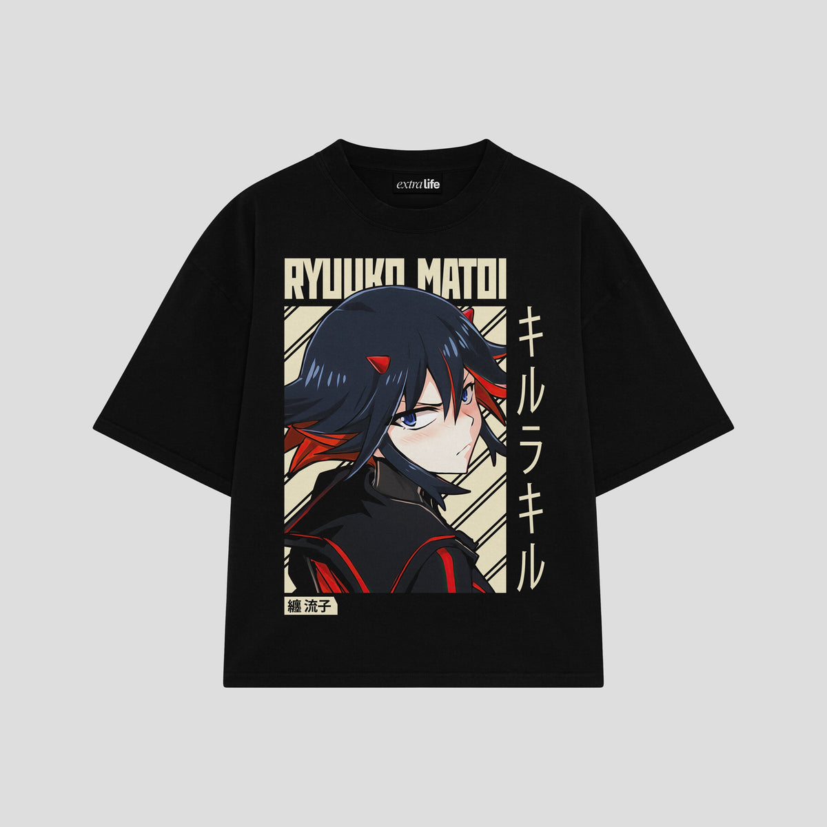Playera streetwear premium de anime y gaming ExtraLife MX, corte oversized drop shoulder ligero y fresco en color Deep Black y Off-White, moda urbana mexicana de culto.