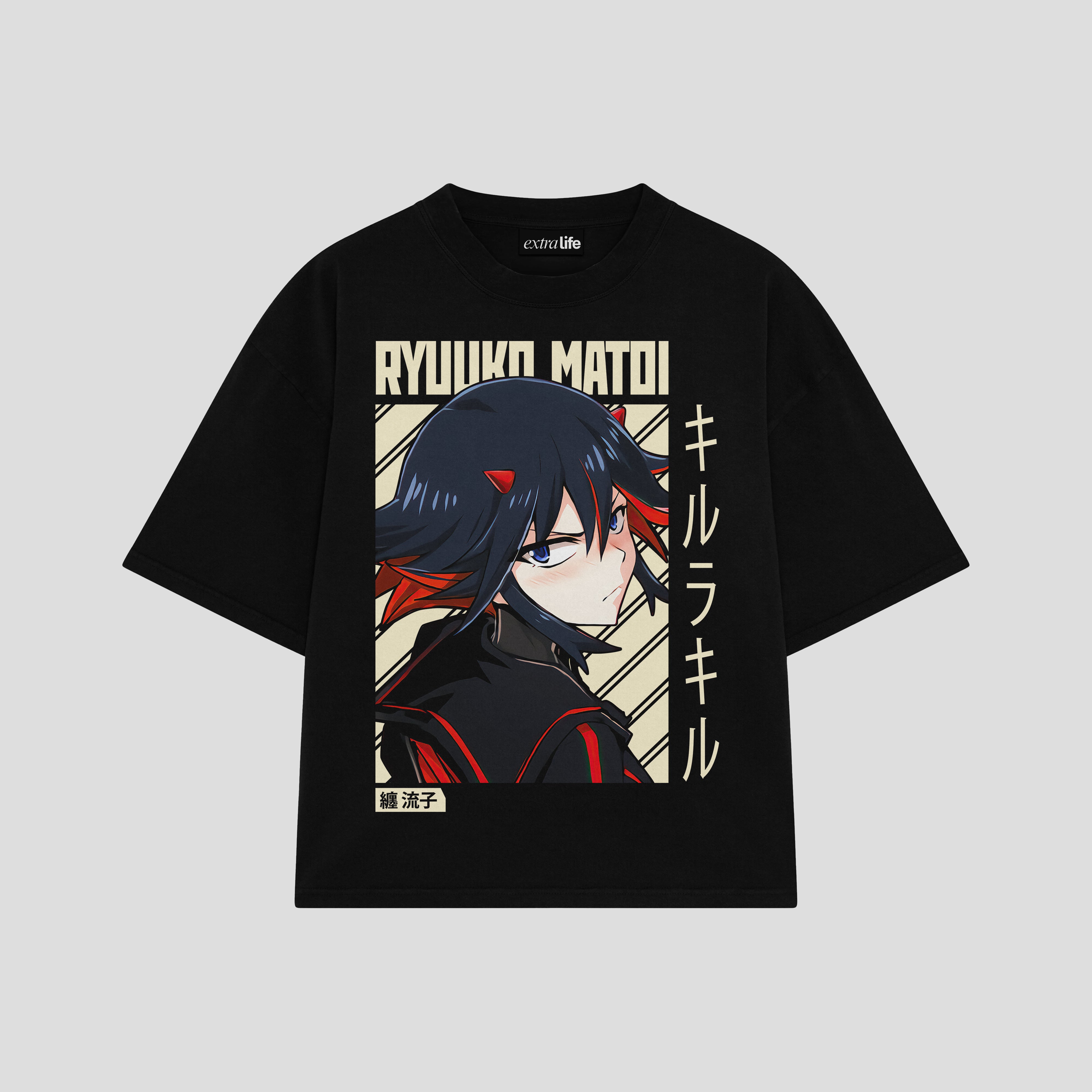 Playera streetwear premium de anime y gaming ExtraLife MX, corte boxy oversized drop shoulder heavyweight en color Deep Black y Off-White, moda urbana mexicana de culto.