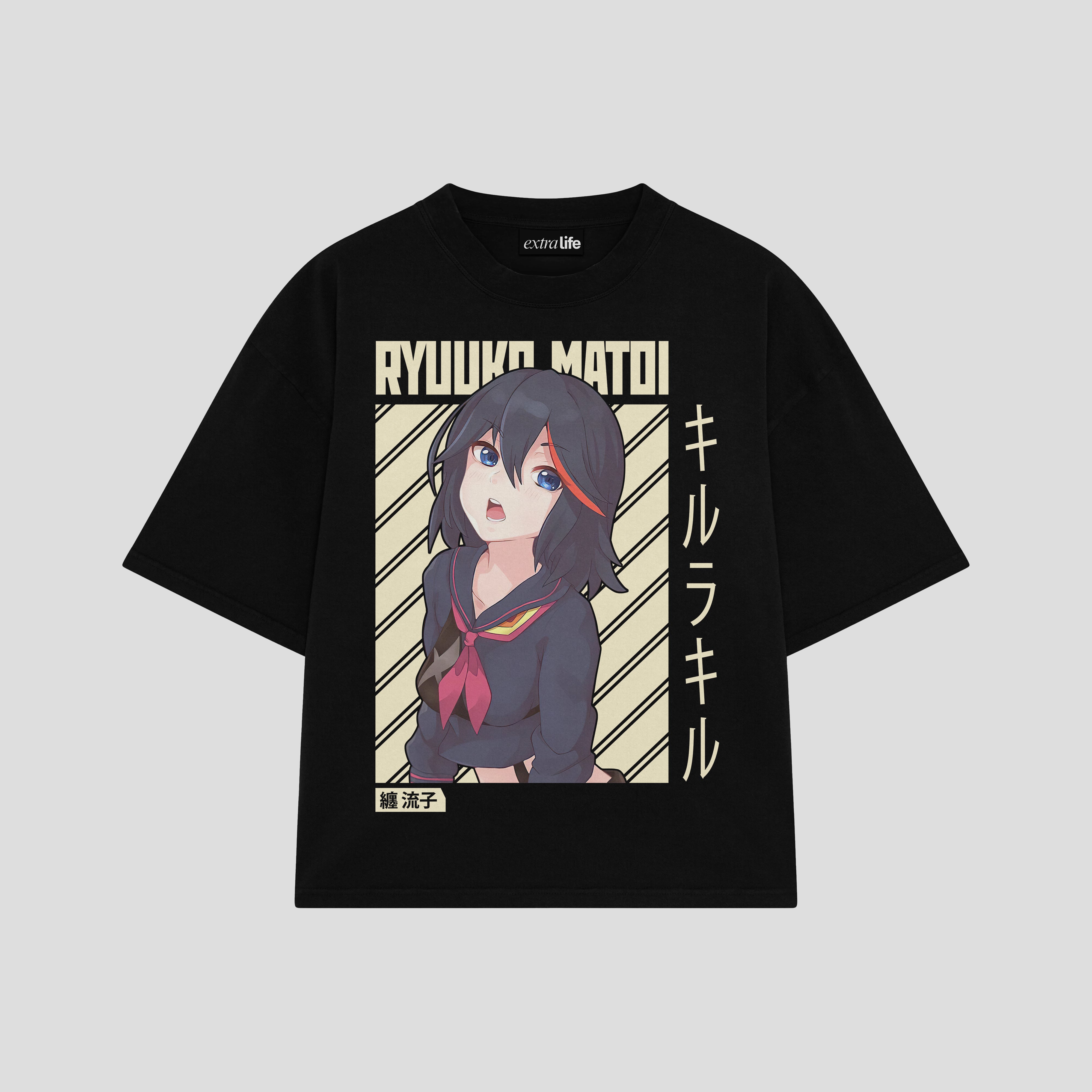 Playera streetwear premium de anime y gaming ExtraLife MX, corte boxy oversized drop shoulder heavyweight en color Deep Black y Off-White, moda urbana mexicana de culto.