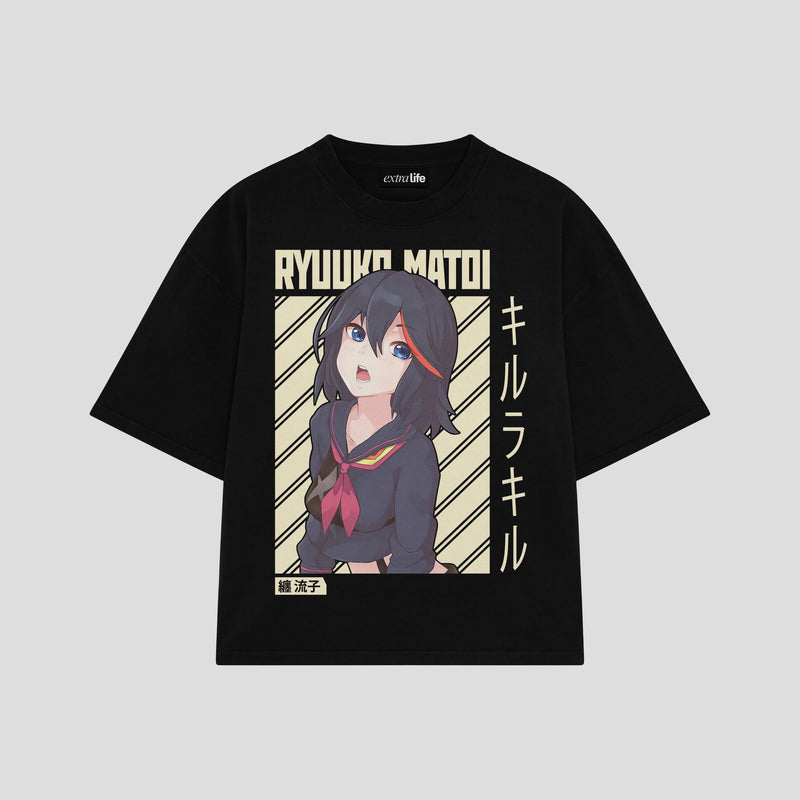 Playera streetwear premium de anime y gaming ExtraLife MX, corte boxy oversized drop shoulder heavyweight en color Deep Black y Off-White, moda urbana mexicana de culto.