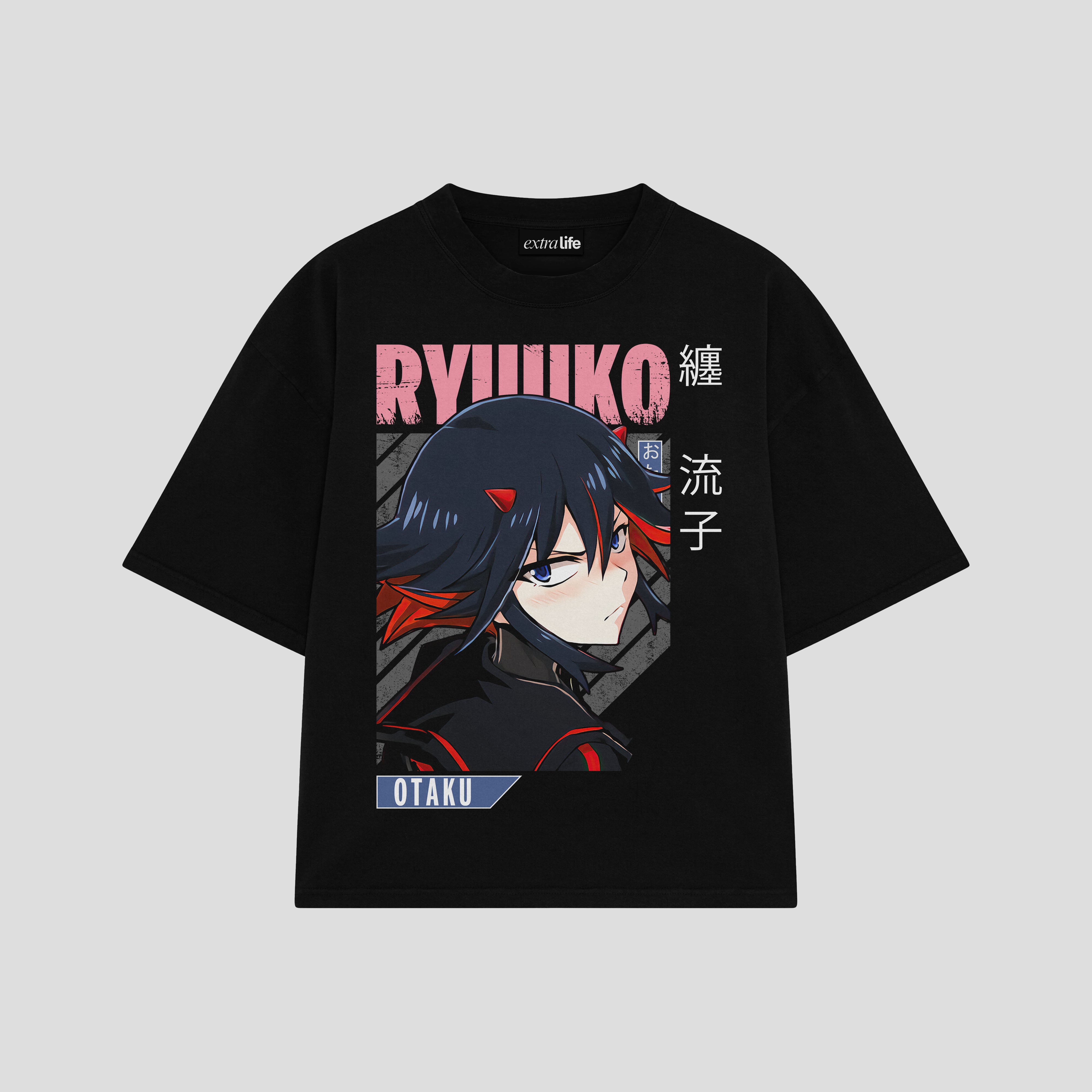 Playera streetwear premium de anime y gaming ExtraLife MX, corte boxy oversized drop shoulder heavyweight en color Deep Black y Off-White, moda urbana mexicana de culto.