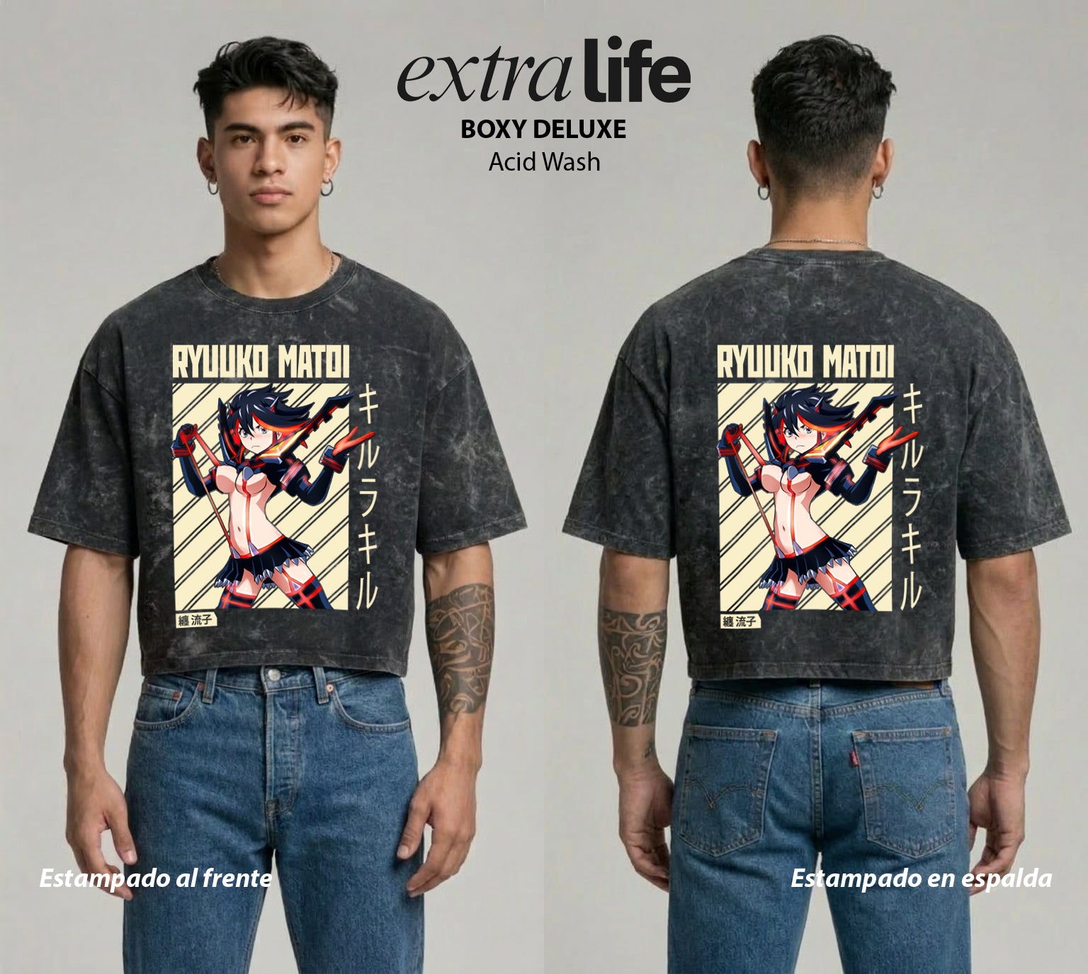 Playera streetwear premium de anime y gaming ExtraLife MX, corte boxy deluxe mineral wash heavyweight en color Acid Wash, moda urbana mexicana de culto.