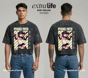 Playera streetwear premium de anime y gaming ExtraLife MX, corte boxy deluxe mineral wash heavyweight en color Acid Wash, moda urbana mexicana de culto.